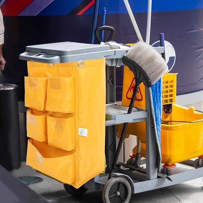 VALICLUD Replacement Waterproof Janitorial Cleaning Cart Bag with 5 Additional Compartments, Yellow Fabric Housekeeping Cart Storage Bag for Hotel and Commercial Cleaning Supplies