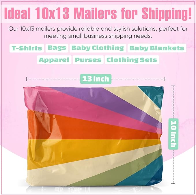 10x13 Poly Mailers – Retro Rainbow – Waterproof, Tear-Resistant Shipping Bags with Adhesive Seal – 50 Pack – Package Mint