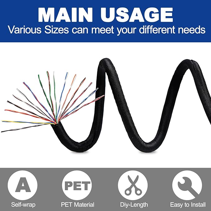 Split-Sleeve Wire Loom for High-Temperature Automotive Harness and Home Cable Management, 25ft - 5/8 inch Braided Cable Management Sleeve Cord Protector, Self-Wrapping Split Wire Loom