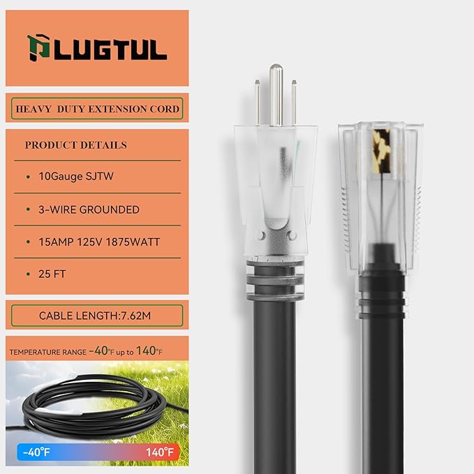 PLUGTUL 10 Gauge Extension Cord 25FT, Black Outdoor Extension Cord with Lighted End, Heavy Duty,15A 1875W SJTW, ETL Listed