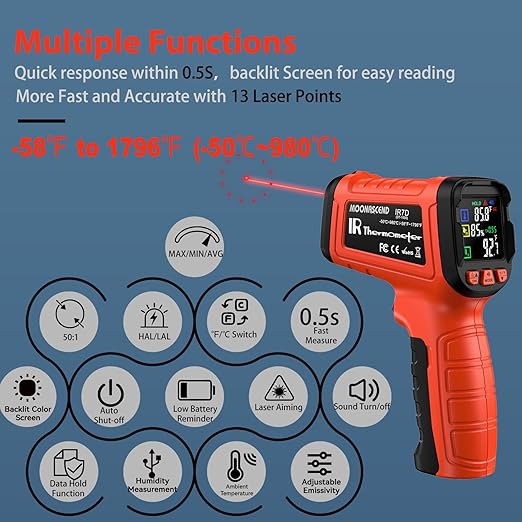 Infrared Thermometer Gun, Include K-Type Probe for Humidity, -58°F to 1796° F Digital Laser Temperature Gun for Cooking, 16:1 IR Temp Gun for Griddle, Pizza Oven, Engine, HVAC, Industrial & Home Use