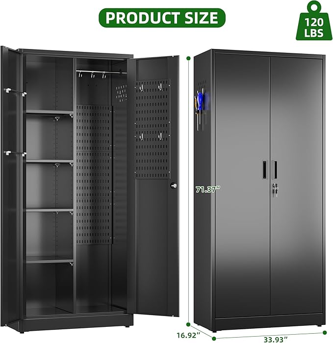 71.37" H Broom Closet Storage Cabinet with Towel Hangles and Adjustable Shelves,Metal Tool Cabinets with Pegboard and Hooks for Garage Laundry Room Home Office,Required Assembly,Black
