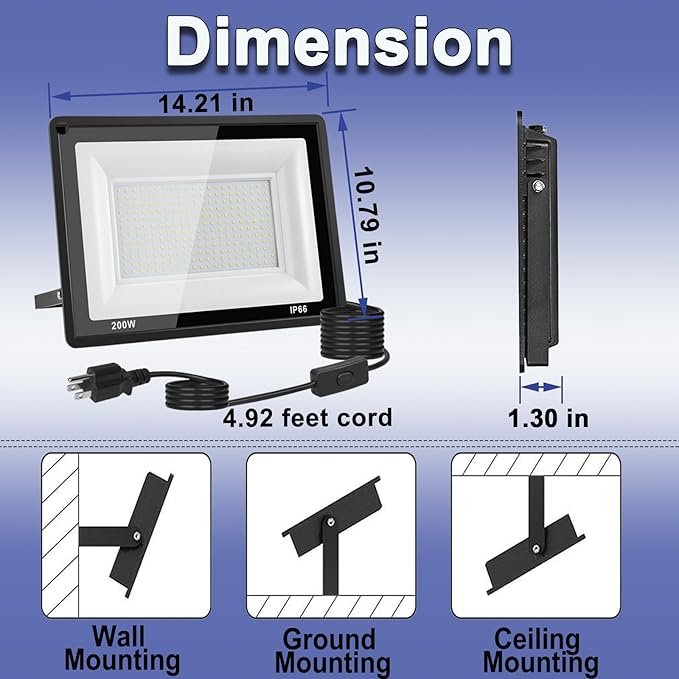 2-Pack 200W LED Flood Light Outdoor, 20000LM Bright Plug-in Flood Lights with Switch, IP66 Waterproof Exterior Security Lights, LED Work Light for Garage, Yard, Garden, Playground, Stadium, Arena