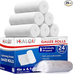 HEALQU Premium Gauze Rolls - 4" x 4 Yards - 24 Rolls, Individually Wrapped Conforming Stretch Gauze Bandage - Super Soft Woven Stretch Bandages for Primary Wound Dressing Support