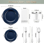 175PCS Navy Blue Plastic Plates for 25 Guests, Disposable Plates with Gold Trim include 25 Dinner and Dessert Plates, 75 Gold Silverware, 25 Cups, 25 Napkins for Party, Wedding & Graduation