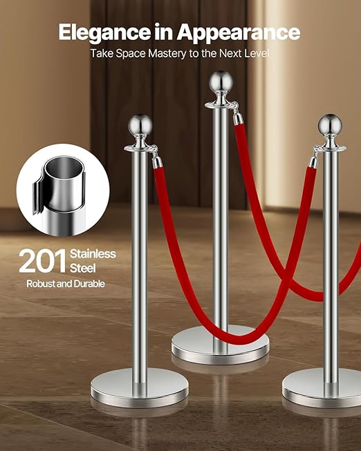 VEVOR Stanchions and Velvet Ropes 8Pcs, Hollow Base with Stainless Steel Post, 4 Red Velvet Ropes and Posts, Crowd Control Barriers Silver Stanchions, Red Carpet Runner Poles for Party Supplies
