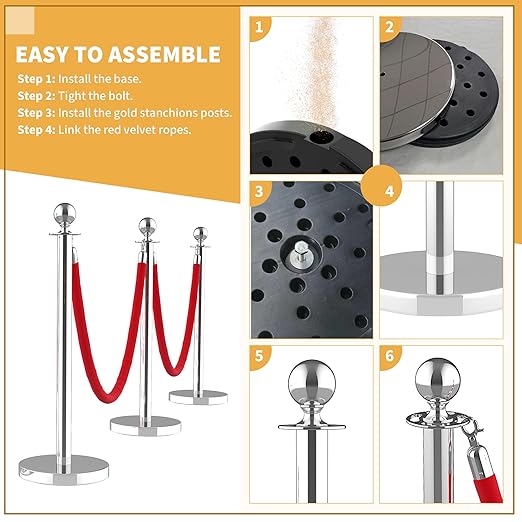 4Pcs Stainless Steel Stanchion Posts with 5ft Red Velvet Ropes - Crowd Control Barriers & Queue Line Kit with 26ft Red Carpet for Wedding, Party, Theater Supplies