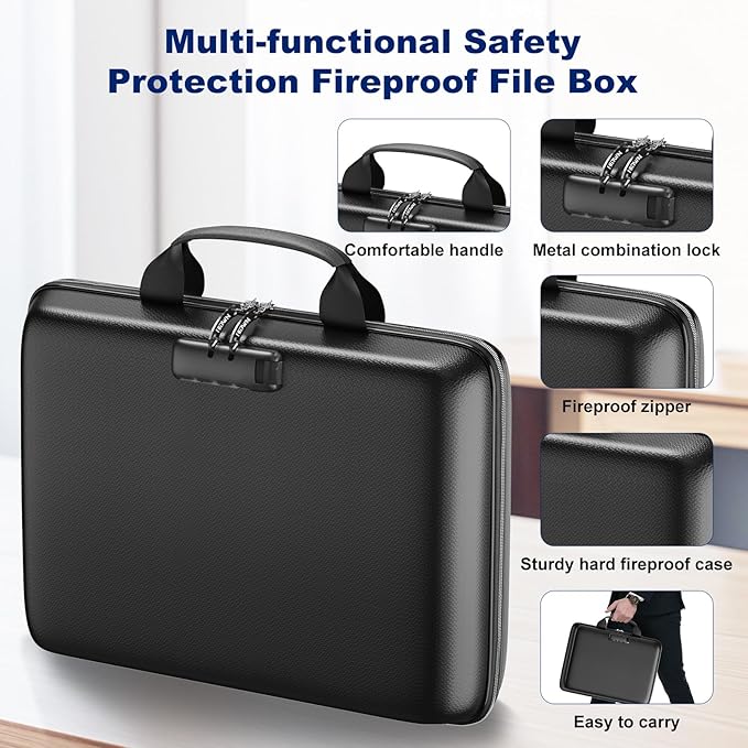 Fireproof Document Box, Hard Case Fireproof File Organizer Box with Lock and 13 Pocket Accordion File Folder, Portable Safe Box for Home Office Travel to Storage Important Documents Laptop Green