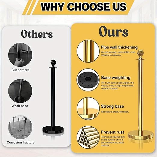 Stanchion Set, Gold Stanchion and Velvet Ropes with 8 Pcs Stainless Steel Posts and 6Pcs Red 5FT Ropes Crowd Control Barrier for Events, Weddings, Theaters, VIP Lines, Queue Management