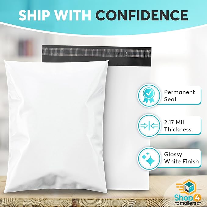 Shop4Mailers 24 x 24 Glossy White Plastic Self Seal Poly Mailer Flat Bags Waterproof Shipping Envelope 2.17 Mil for Apparel, Clothes, Shirts, Books – Permanent Adhesive Seal (250 Pack)