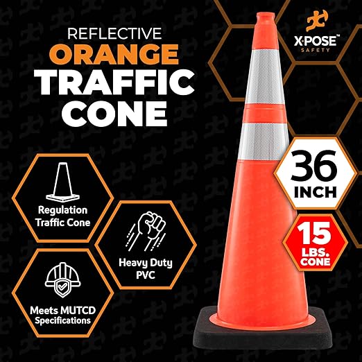 Xpose Safety 36 Inch Orange Traffic Cones Heavy Duty 15lb with 6" & 4" Collars, 1 Pack - Multipurpose PVC Plastic Safety Cone for Parking, Soccer, Caution, Kids and Construction - DOT Approved