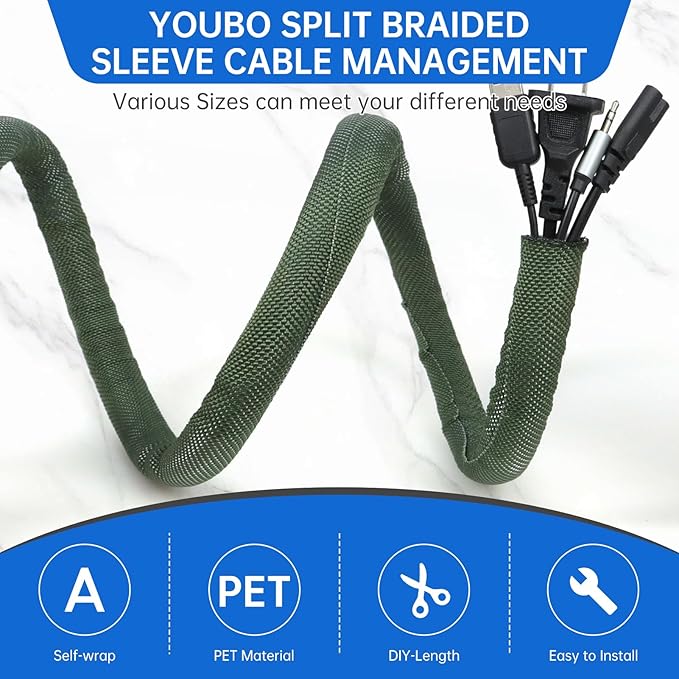 Split Braided Cable Sleeve，Flexible Wire Loom Tubing, Automotive Cord Protector Pet Proof, Cable Management for Computer TV Electric Wires Harness 16ft (Dark Green, 16mm（5/8")