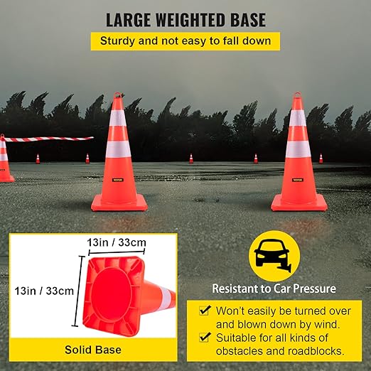 VEVOR Safety Cones, 6 x 28" Traffic Cones, PVC Orange Construction Cones, 2 Reflective Collars Traffic Cones with Weighted Base and Hand-Held Ring Used for Traffic Control, Driveway Road Parking