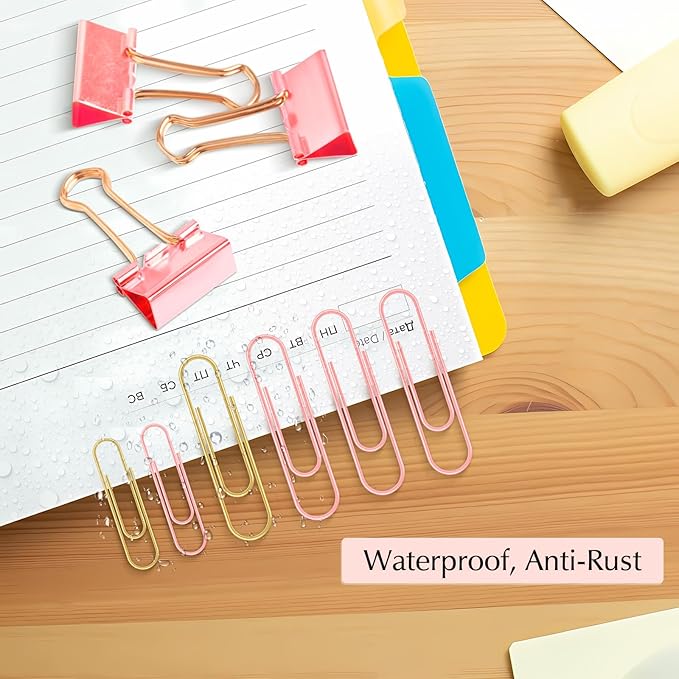 Cute Paper Clips Binder Clips Combo Set, 165 Psc, Assorted Size Paper Clips for Office, Cute Office Supplies Set, Pink