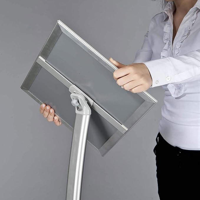 M&T Displays Curved Menu Board, 11x17 Inch Pedestal Sign Holder with 8.5x11 Inch Brochure Holder Silver Floor Standing Aluminum Front Loading Easy Open Poster Message Advertisement Post