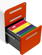 Laura Davidson Furniture Stockpile 3 Drawer File Cabinet with Lock - Under Office Desk Metal Filing Cabinet, Legal/Letter File Folders, Wheels and Stationary Feet, Pre-Assembled, Orange Faceplate