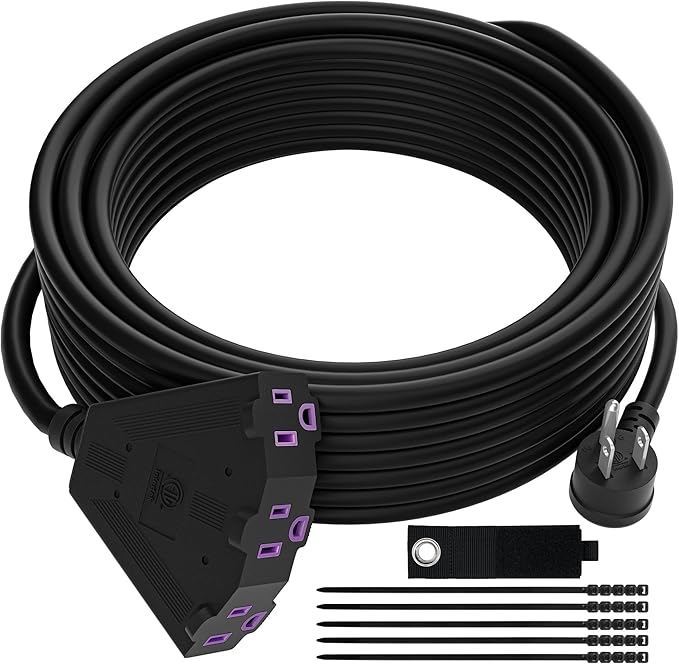 Outdoor Extension Cord 20 FT with 3 Outlets, 3 Prong 90 Degree Angled Plug, 12/3 Heavy Duty 12 Gauge Power Cable, 12AWG, SJTW, 15A, 125V, 1875W, ETL Listed, Black Wire, with Free Carrying Strap+Ties