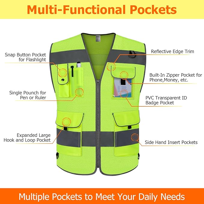 TCCFCCT Mesh High Visibility Vest 9 Pockets Hi Vis Reflective Safety Vest for Men Women, Construction Vest with Reflective Strips, Meets ANSI/ISEA Standards, (Yellow, Small)