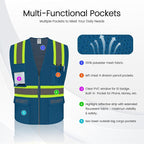 Security Vest for Security Guard, Safety Vest with Pockets, Reflective Work Wear with Zipper, High Visibility apparel, ANSI Compliant, Blue, XL