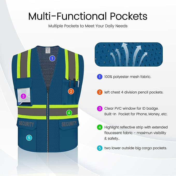 Security Vest for Security Guard, Safety Vest with Pockets, High Visibility Work Vest with Reflective Strips, Mesh Design, ANSI Compliant, Blue, L
