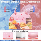 FlowFly Insulated Lunch Bag for Women – Corduroy Lunch Tote Box, Cute Cooler Bag for Work, Travel, Picnic,Corduroy Strawberries RoseRed