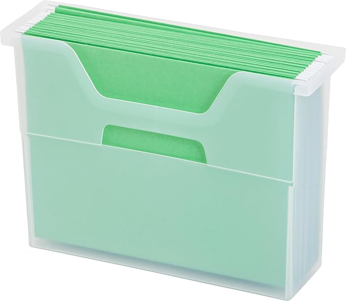 IRIS USA Small Portable Desktop File Box with Open Top, Side Handles, Hanging File Folders, Tabs & Inserts, Letter Size, For Magazines Newspapers Mail Books Notebooks Binder Homework, Clear