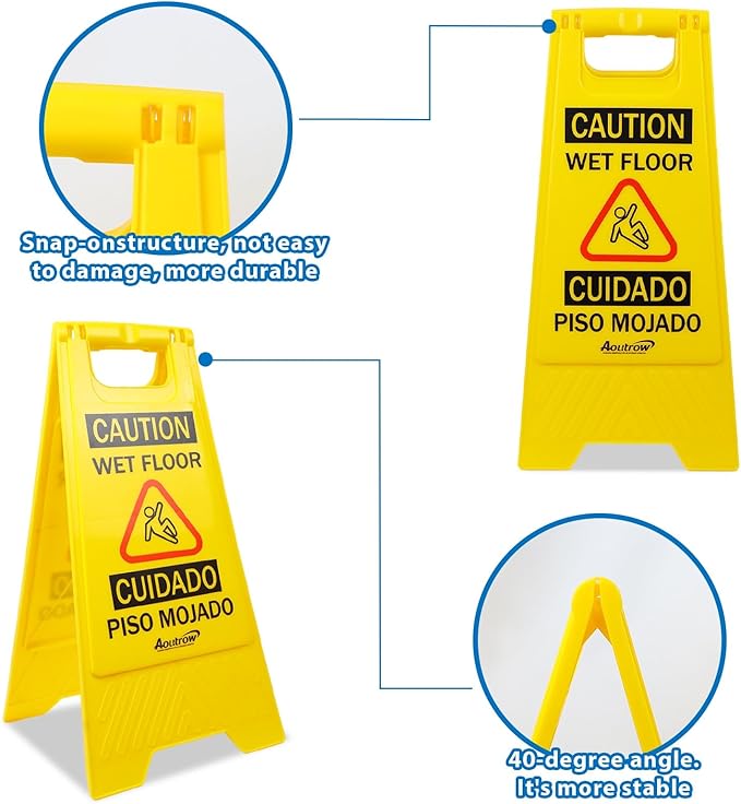 Caution Wet Floor Sign, （L:17.12in W:8.38in H:0.94in）2-Sided Foldable Safety Sign for Commercial Use, A Frame Caution Sign Bilingual Warning Signs, Yellow (yellow 2pack)