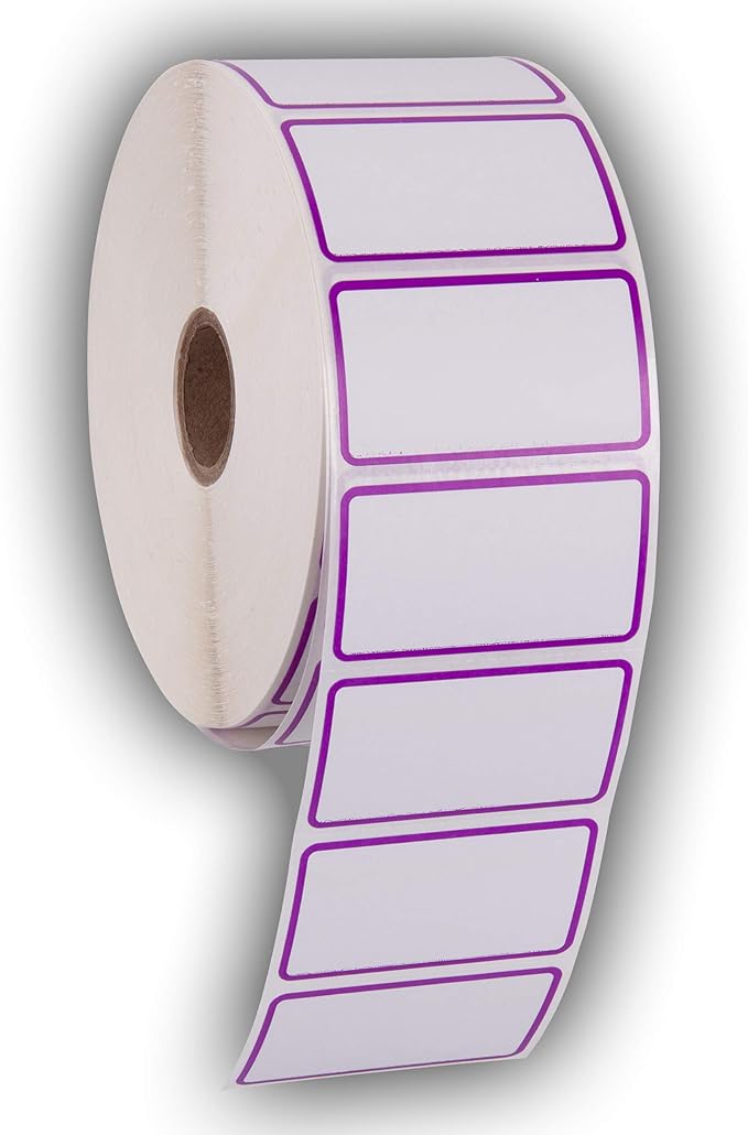 2.25" X 1.25" Direct Thermal Perforated Stickers Labels for Barcodes, Address, Consignment - Compatible with Zebra, Rollo, Godex and More (Purple Border, 6 Rolls)