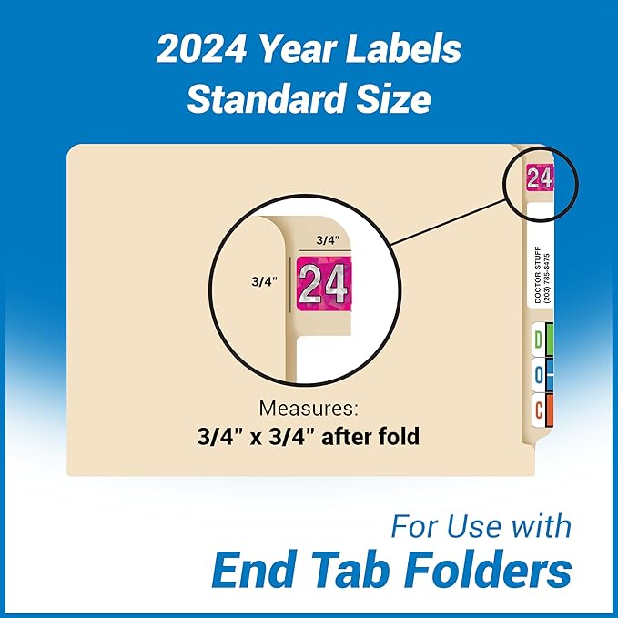 2024 Year Stickers, Doctor Stuff 2024 Chart Stickers, Holographic Fuchsia Colored, USA Made Year Labels for End Tab File Folders, 500 Labels per Roll, 1 Roll, 3/4" x 1-1/2"