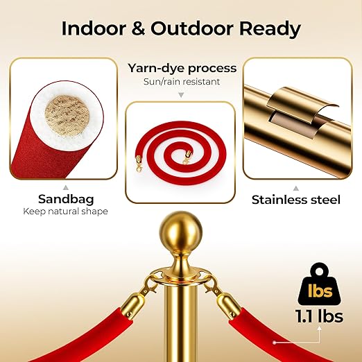 6pcs Sturdy Gold Stanchion Posts and 6pcs High Quality Red Carpet Velvet Ropes, Water/Sand/Concrete Fillable Leakproof Base, Crowd Control Barriers for Birthday, Prom, Business, Wedding