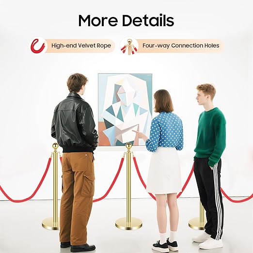 6Pcs Gold Stanchion Posts with Red Velvet Ropes, Crowd Control Barriers, Stainless Steel Queue Poles with 4-Way Connectors & Fillable Weighted Bases for Events, Parties & Venues