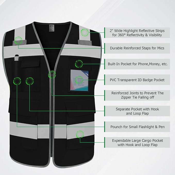 TCCFCCT Safety Vest for Men Women 5 Pockets Reflective Vest with Reinforced Zipper, High Visibility Construction Work Vest with Tabs for Walkie-talkie, Durable to Use, Meets ANSI/ISEA, Black, 5XL