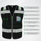 TCCFCCT Safety Vest for Men Women 5 Pockets Reflective Vest with Reinforced Zipper, High Visibility Construction Work Vest with Tabs for Walkie-talkie, Durable to Use, Meets ANSI/ISEA, Black, 5XL