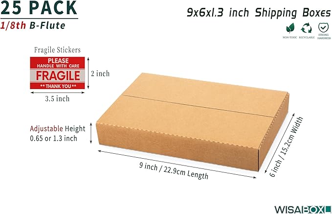 9x6x1.3 inch Shipping Boxes, Easy-Fold Multi-Depth DVD Mailer Box with Fragile Stickers for Mailing, Storing, Package, Gifts, Crafts, Business or Home, Brown, 25 Pack