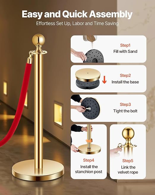 VEVOR Stanchions and Velvet Ropes 4Pcs, Hollow Base with Stainless Steel Post, 3 Red Velvet Ropes and Posts, Crowd Control Barriers Gold Stanchions, Red Carpet Runner Poles for Party Supplies