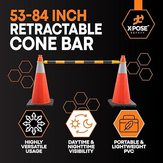Retractable Barrier for Safety Traffic Cones - 2" OD - Large Yellow and Black Bar Barricade - for Road Construction, Parking, Warning, Temporary Security Divider (40, Yellow & Black, 53" x 84")