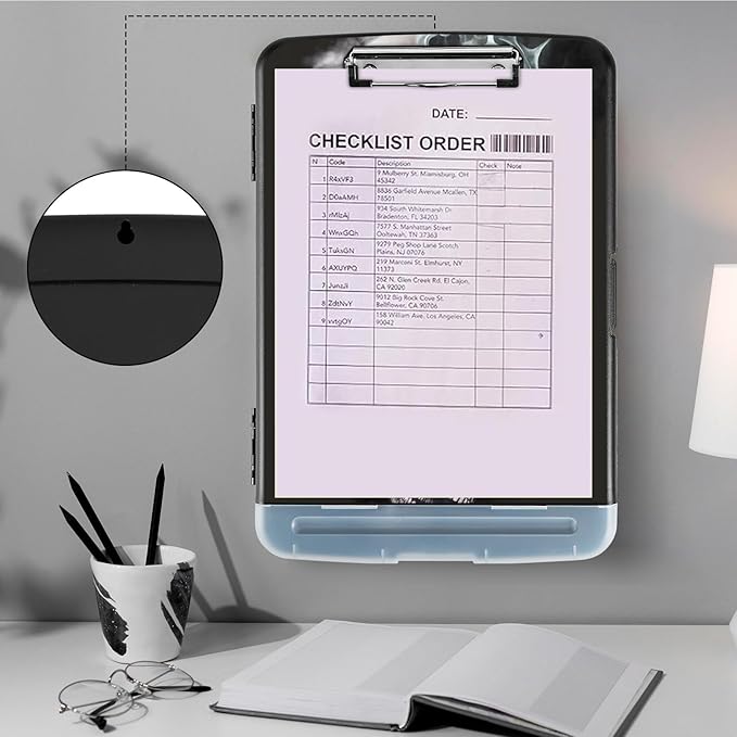 Clipboard with Storage,Heavy Duty Plastic Storage Clipboard with Low Profile Clip,Teacher Must Haves,Office Supplies,Skull/Black