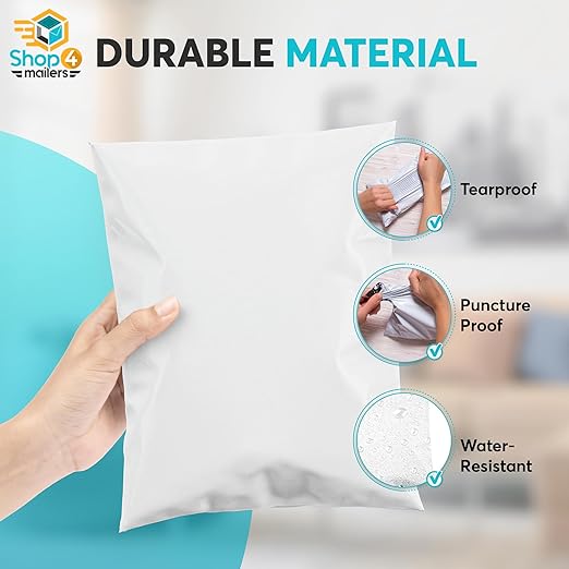 Shop4Mailers 9 x 12 Glossy White Plastic Self Seal Poly Mailer Flat Bags Waterproof Shipping Envelope 2.17 Mil for Apparel, Clothes, Shirts, Books – Permanent Adhesive Seal (1000 Pack)