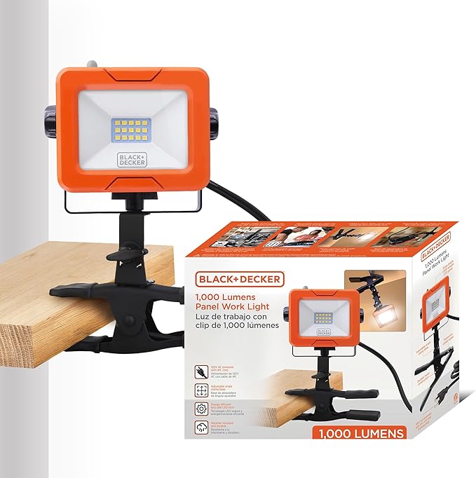 BLACK+DECKER LED Clamp Work Light, 1000 Lumens Indoor & Outdoor IP65 Waterproof Clamp Utility Shop Light with Plug, Clip on Shop Lamp, Adjustable Arm, 360° Rotating Clamp, Tripod Compatible, 4 Ft Cord
