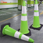 Fluorescent Orange/Green PVC Traffic Cones, Heavy Black Base Parking Lot Cone Structurally Stable Weatherproof Road Construction Safety Cones (4, Green, 28" Large)