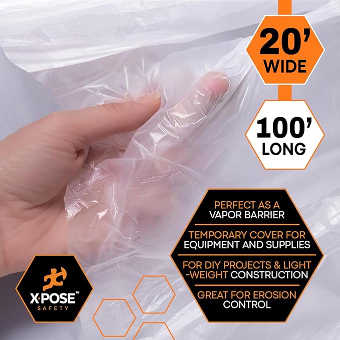 Xpose Safety Clear Plastic Sheeting 10 Pack – 20' x 100' Rolls – Heavy Duty 6 Mil Fire Retardant Poly Sheet – Waterproof, Dustproof, Vapor Barrier – for Construction, Painting, Industrial Use
