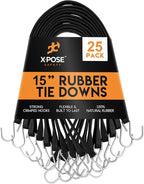 Rubber Bungee Cords with Hooks 25 Pack 15 Inch (23” Max Stretch) Heavy-Duty Black Tie Down Straps for Outdoor, Tarp Covers, Canvas Canopies, Motorcycle, and Cargo - by Xpose Safety