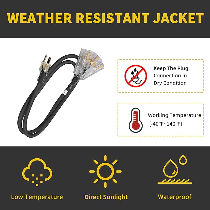 3-Outlets Indoor Outdoor Extension Cord Weatherproof with Lighted End, UL Listed, 10 Gauge 10FT Black 3 Prong Heavy Duty, 10/3 SJTW 15A Power Cord