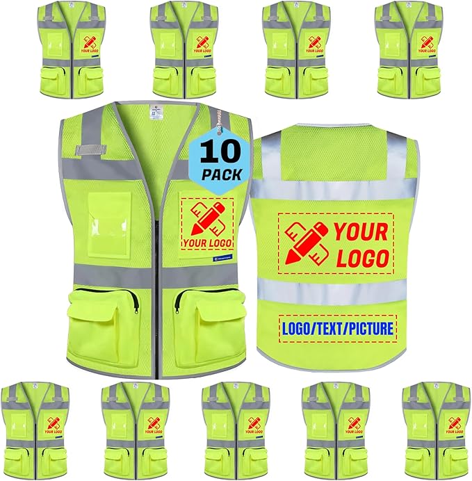 BeautyWill Custom Logo 10 Pack Safety Vest Mesh High Visibility Reflective Vest Customized Logo Utility Zipped Pockets Construction Workwear （Yellow,3XL）