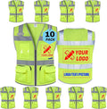 BeautyWill Custom Logo 10 Pack Safety Vest Mesh High Visibility Reflective Vest Customized Logo Utility Zipped Pockets Construction Workwear （Yellow,4XL）