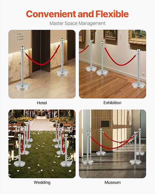 VEVOR Stanchions and Velvet Ropes 8Pcs, Hollow Base with Stainless Steel Post, 4 Red Velvet Ropes and Posts, Crowd Control Barriers Silver Stanchions, Red Carpet Runner Poles for Party Supplies