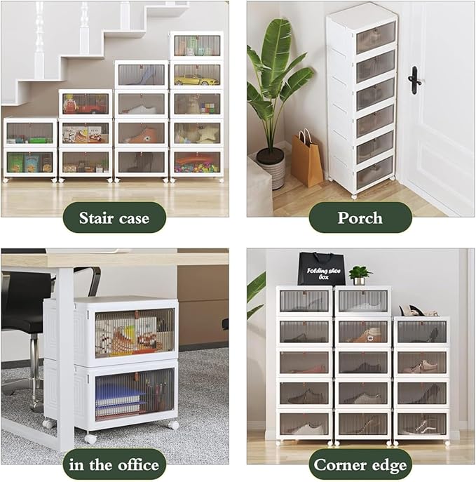 4 Tier Plastic Stackable Storage Bins and Boxes Organizer, Foldable Containers, Stackable Closet Organizers, Collapsible Boxes, White (4 Tier, 23.6″)