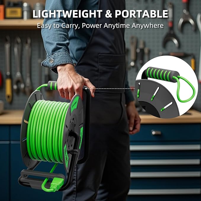 Retractable Extension Cord Reel 80 FT, 14AWG SJTOW Heavy Duty Power Cord with 4 Grounded Outlets, USB-A & USB-C Ports, 13A Circuit Breaker, Hand Crank for Indoor Outdoor Use, ETL Listed, Green