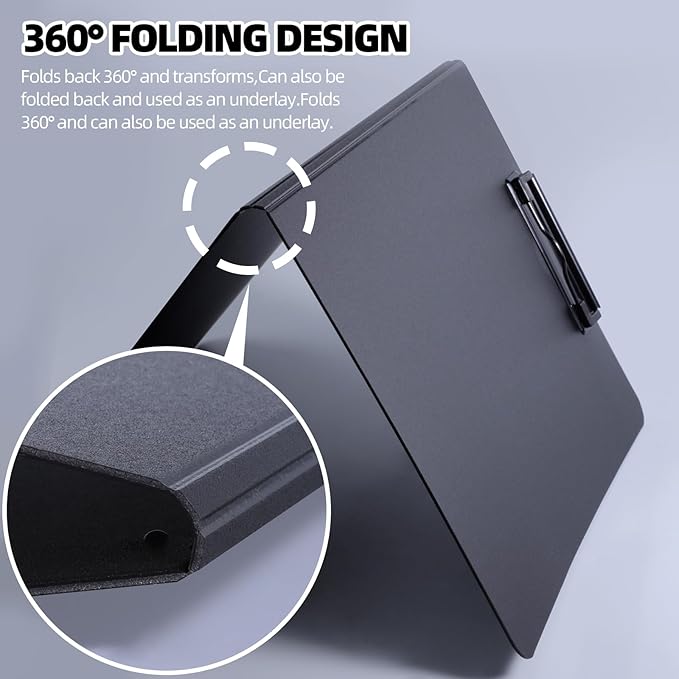 Clipboard Folder, 5 Pack A4 Foldable Clipboard with Horizontal and Vertical Double Metal Clips, 360 Degree Foldable Binder Clipboards with Pen Holder, File Cover Folder Clipboards, Black