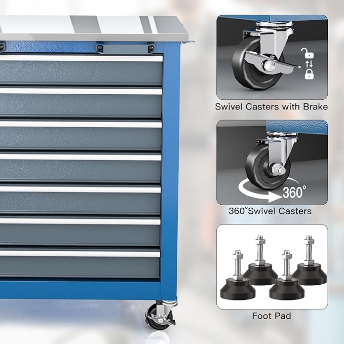 LARBANKE 7-Drawer Rolling Tool Chest with Stainless Steel Countertop,Tool Chest with Secure Locking System,Tool Cabinet with 360°Wheels and Padded Feet,for Home, Garage and Office
